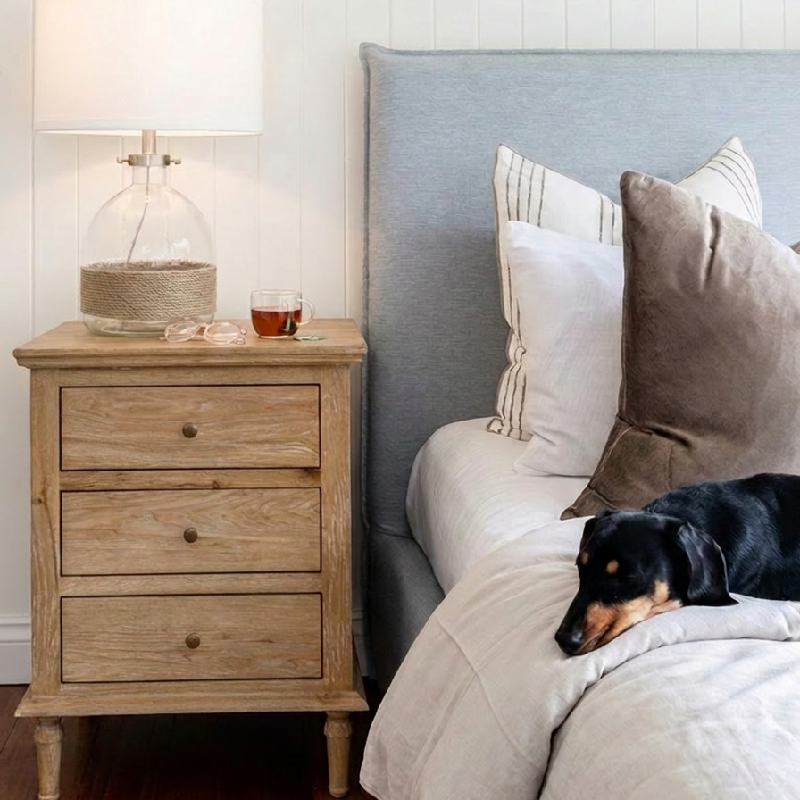 hamptons oak bedside table with three drawers