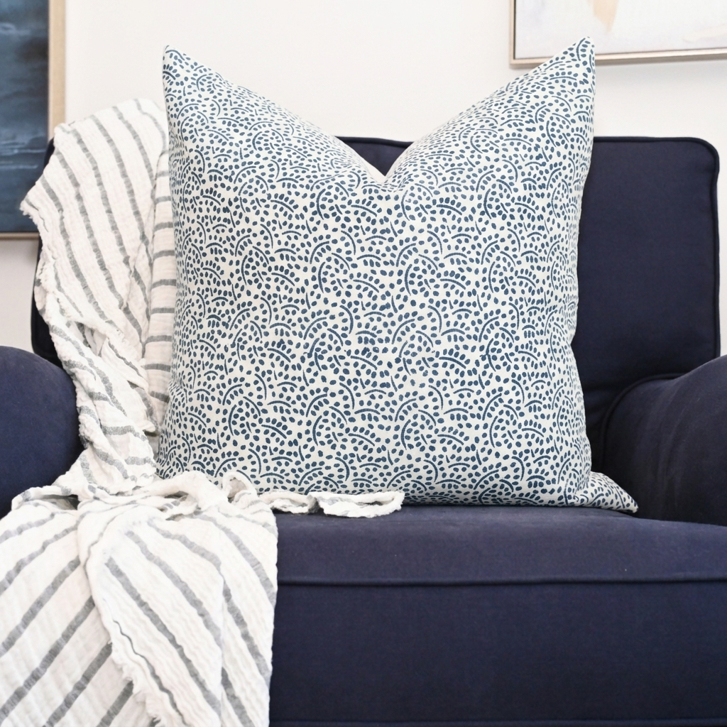 Abstract Blue Block Print Square Linen Cushion