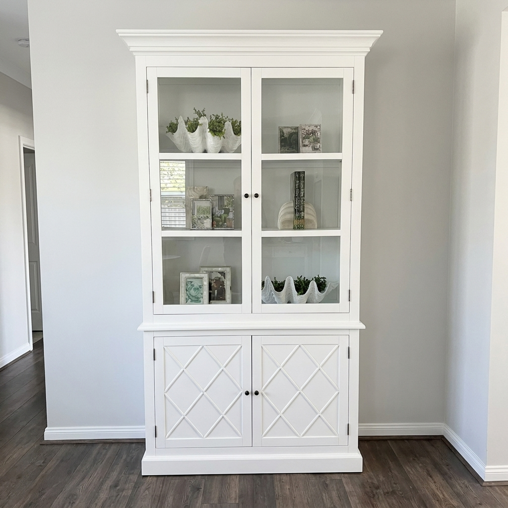 Ascot Glass Display Cabinet Satin White 125cm wide x 45cm deep x 220cm high