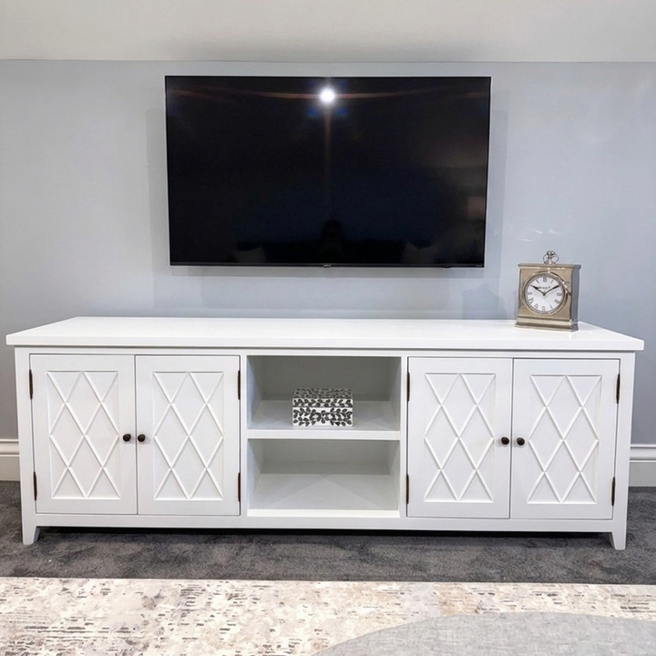 Hamptons White Entertainment unit in media room for coastal home