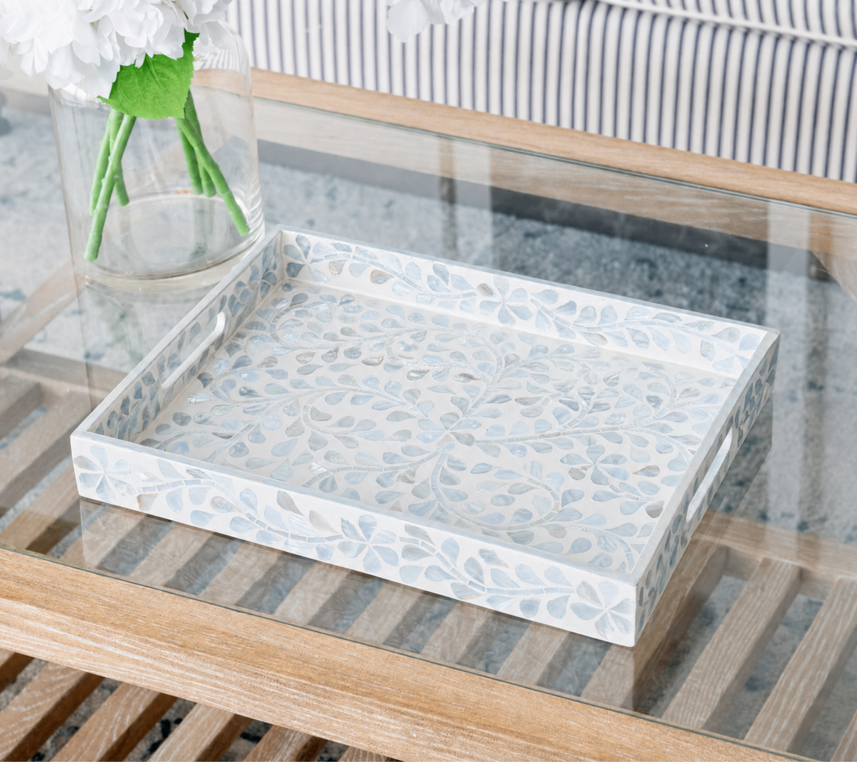 mother of pearl neutral rectangle floral tray
