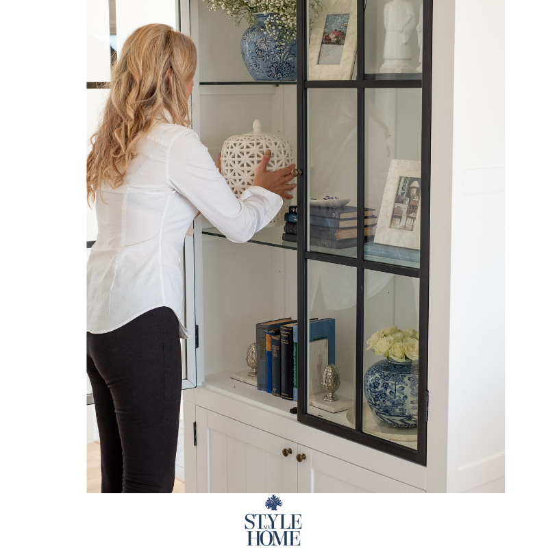 Hamptons black and white glass display cabinet with storage