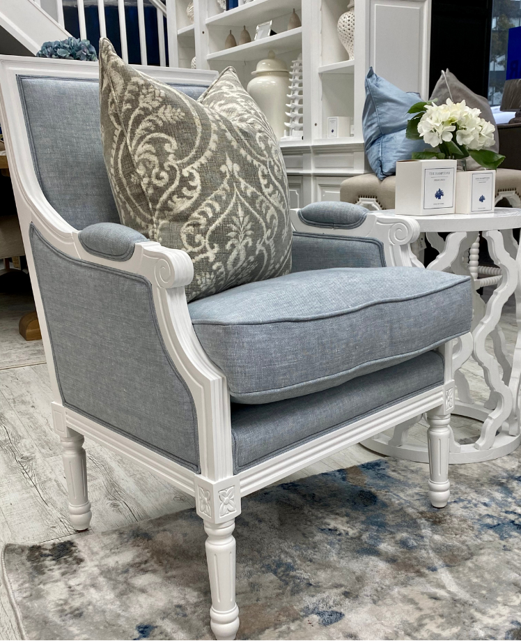 Trent Oak And Linen Upholstered Arm Chair Satin White Duck Egg Blue 70cm wide x 60cm deep x 95cm high