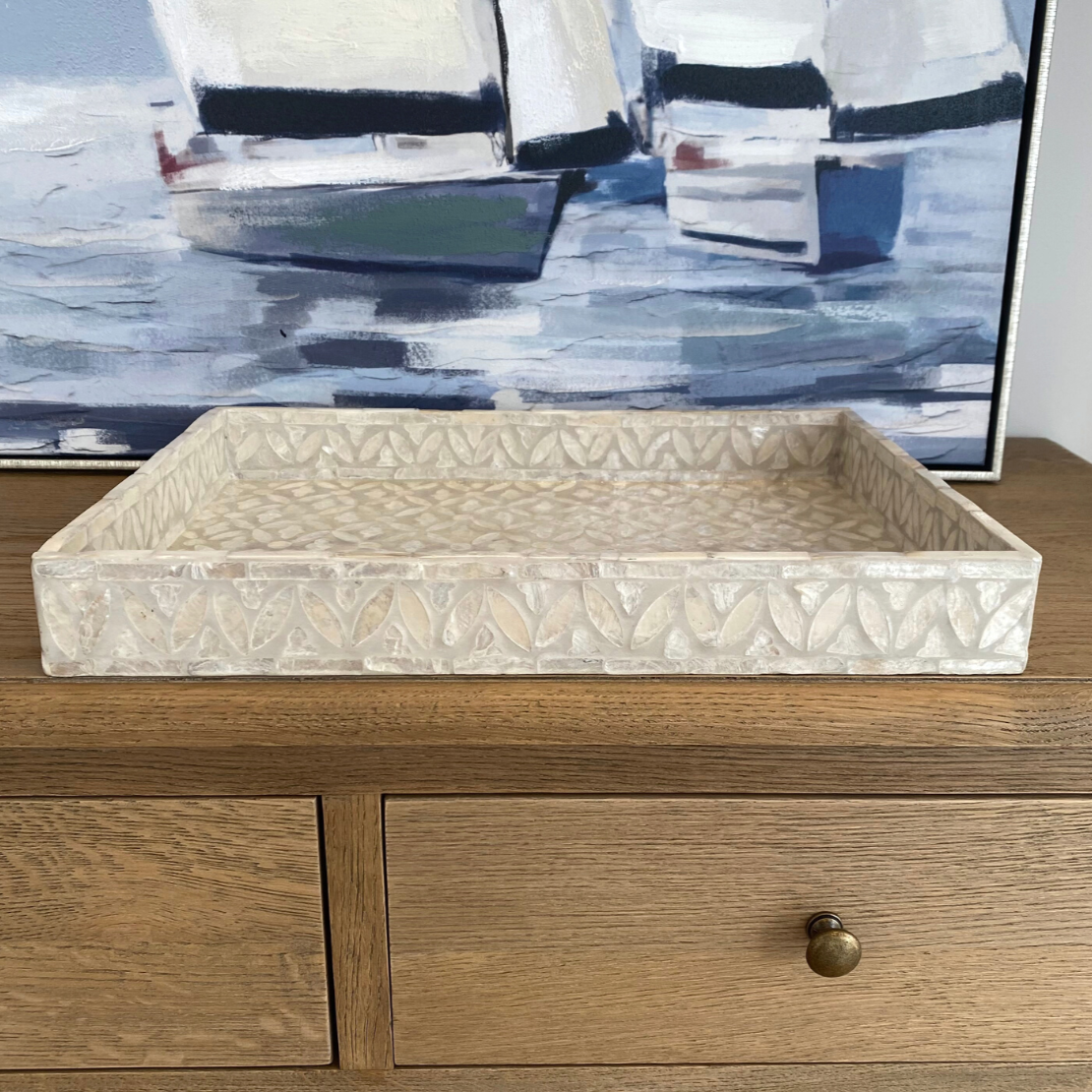 Floral Rectangular Mother Of Pearl Tray- Grey