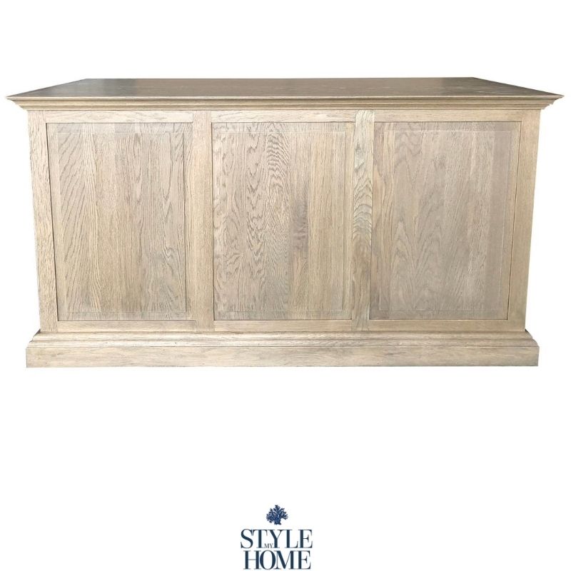 Large oak desk with amply storage. Brass knobs, classic style, moulding around drawers. Style My Home Australia