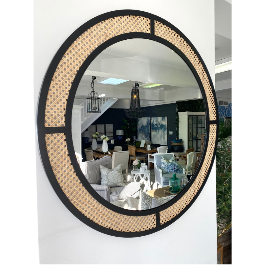 Bris Floor Ballina Black Iron And Rattan Round Mirror