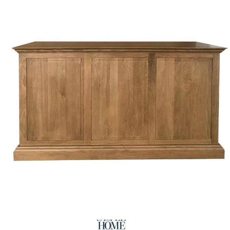 Large oak desk with amply storage. Brass knobs, classic style, moulding around drawers. Style My Home Australia