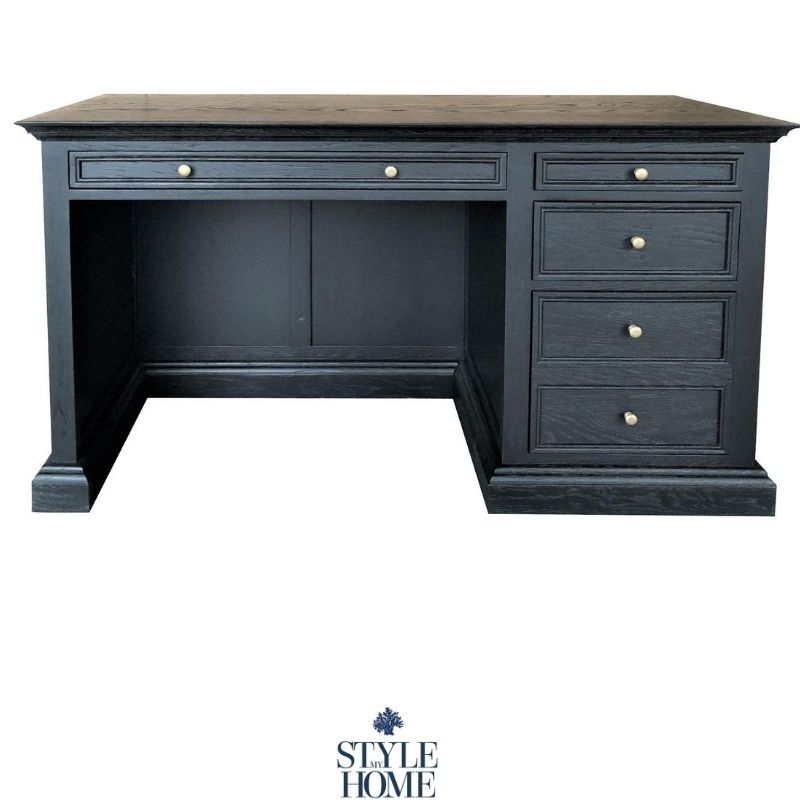 Large black oak desk with amply storage. Brass knobs, classic style, moulding around drawers. Style My Home Australia