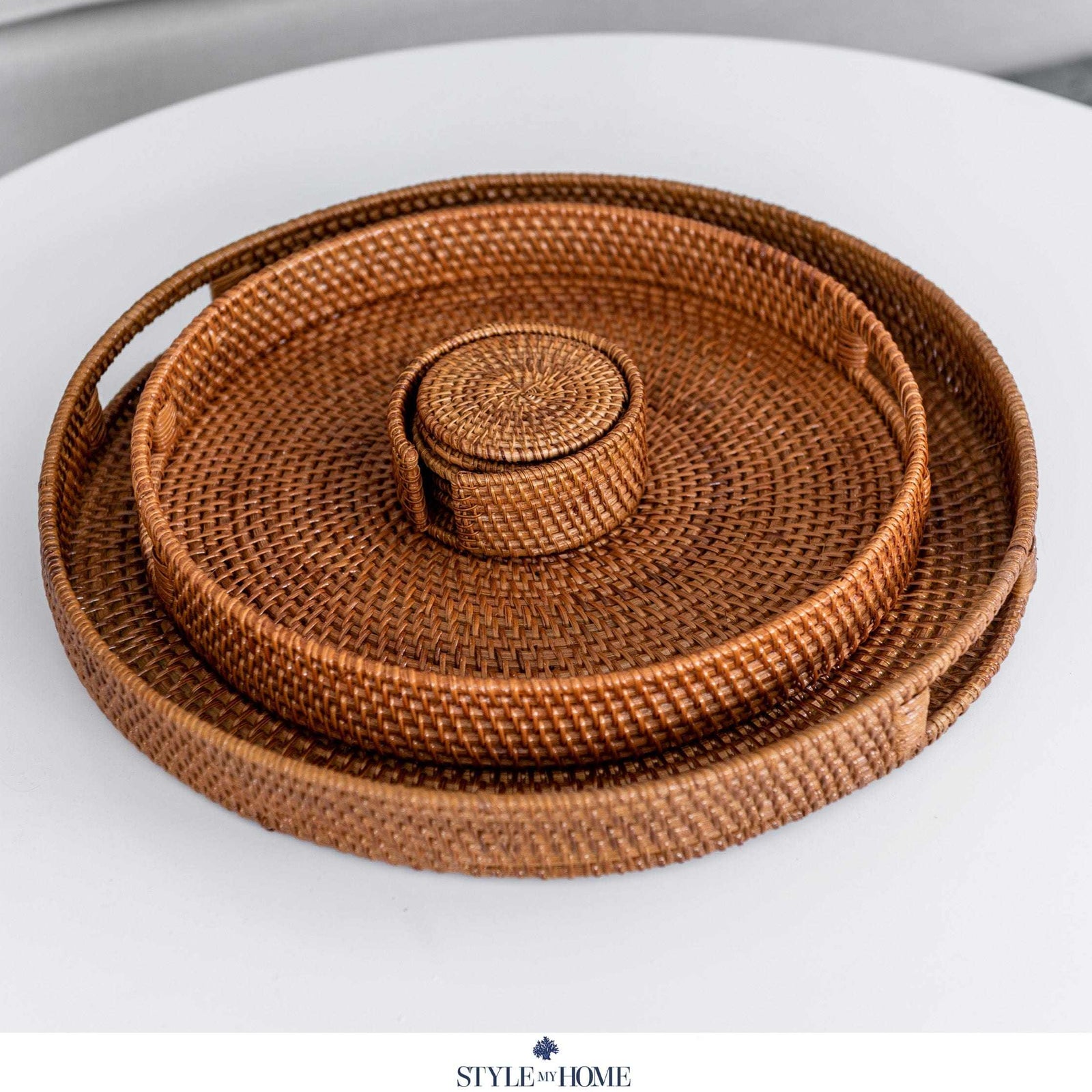 Verandah Natural Rattan Coaster Set Of 6 With Holder