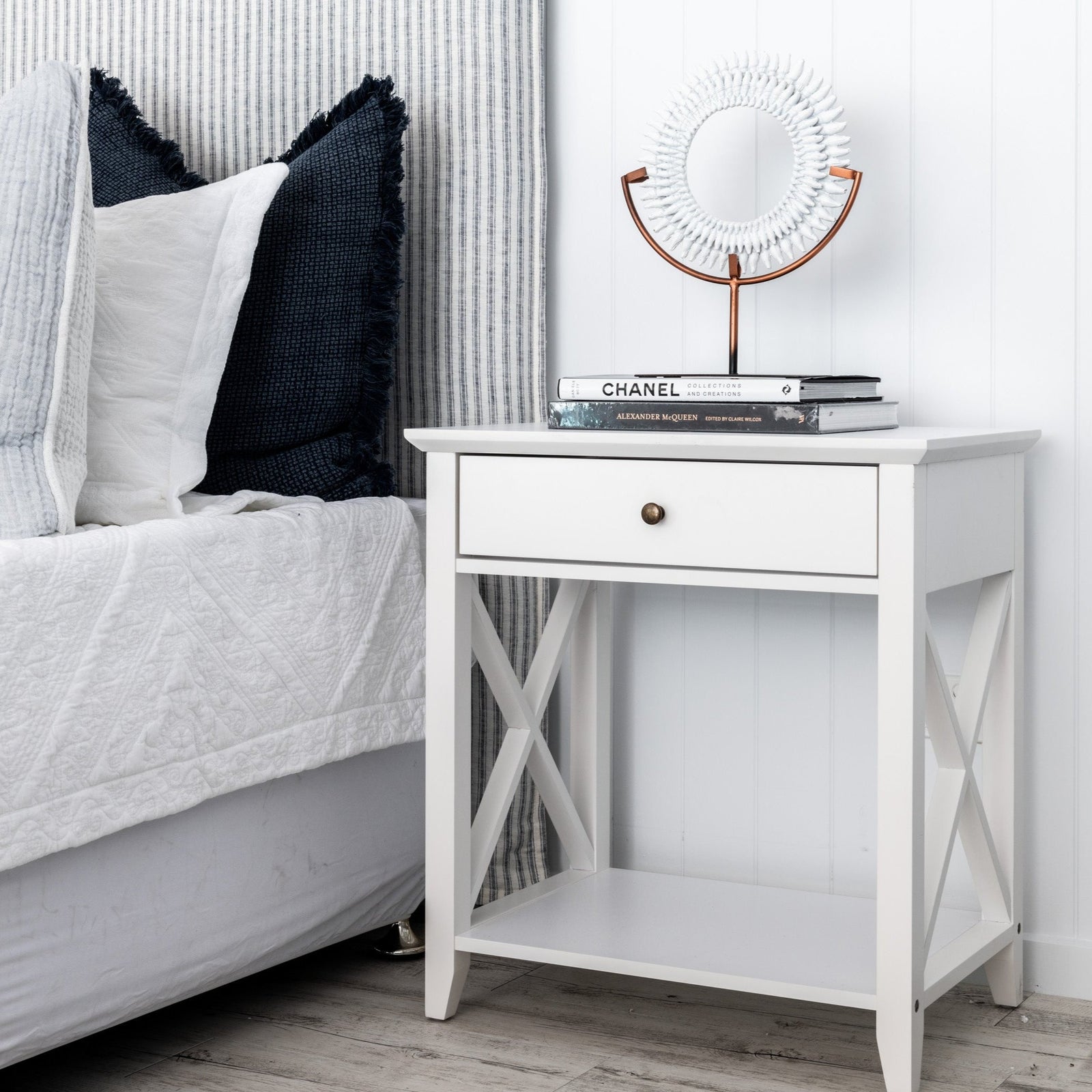 Nantucket Bedside Table - Flat Packed Satin White 60cm wide x 39cm deep x 65cm high