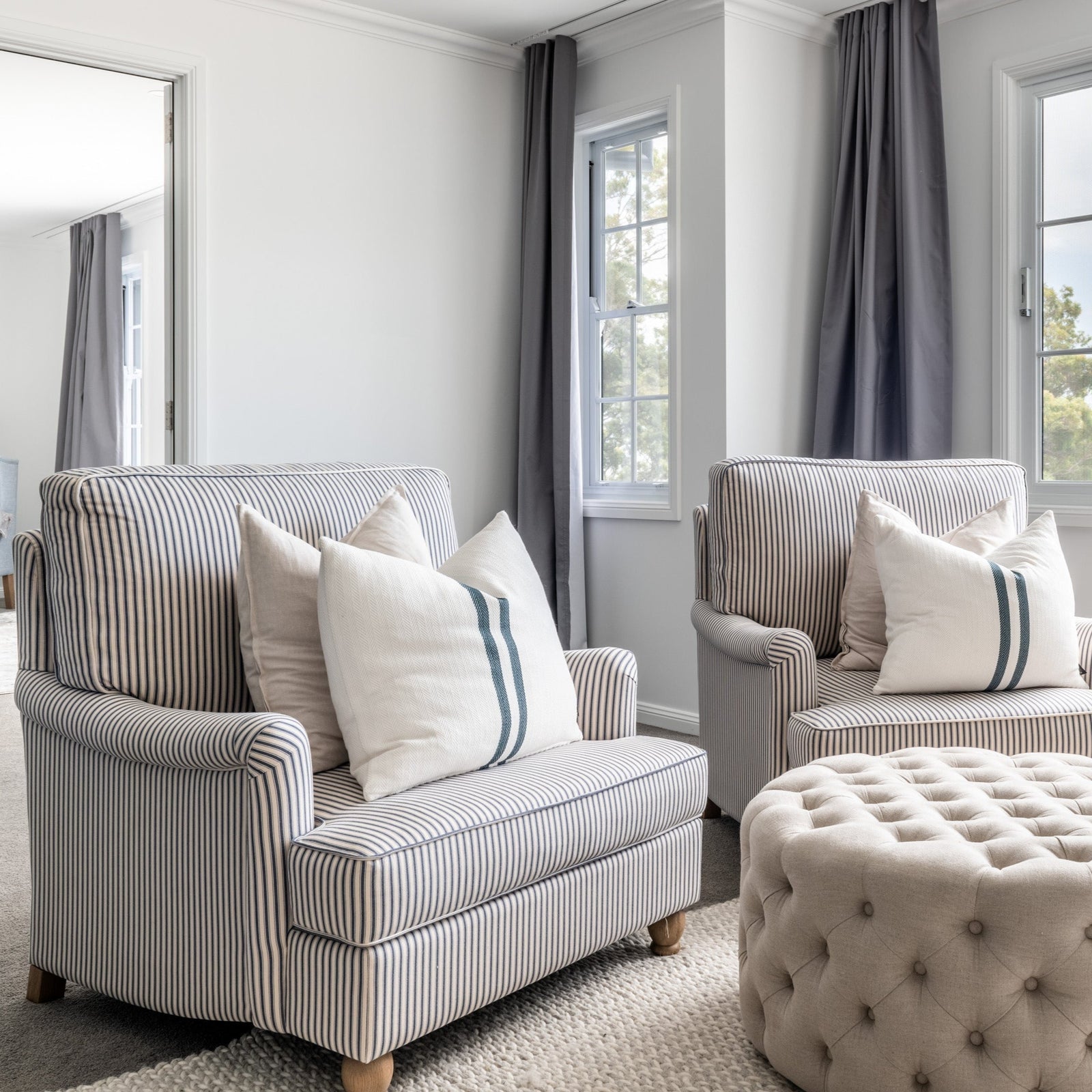 Madeline Linen Armchair Stripe Navy Blue 99cm wide x 84cm deep x 80cm high