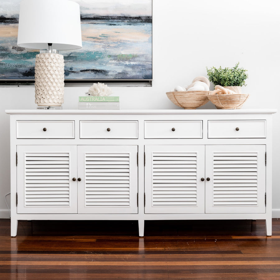 Plantation Louvre Buffet Satin White 180cm wide x 48cm deep x 85cm high