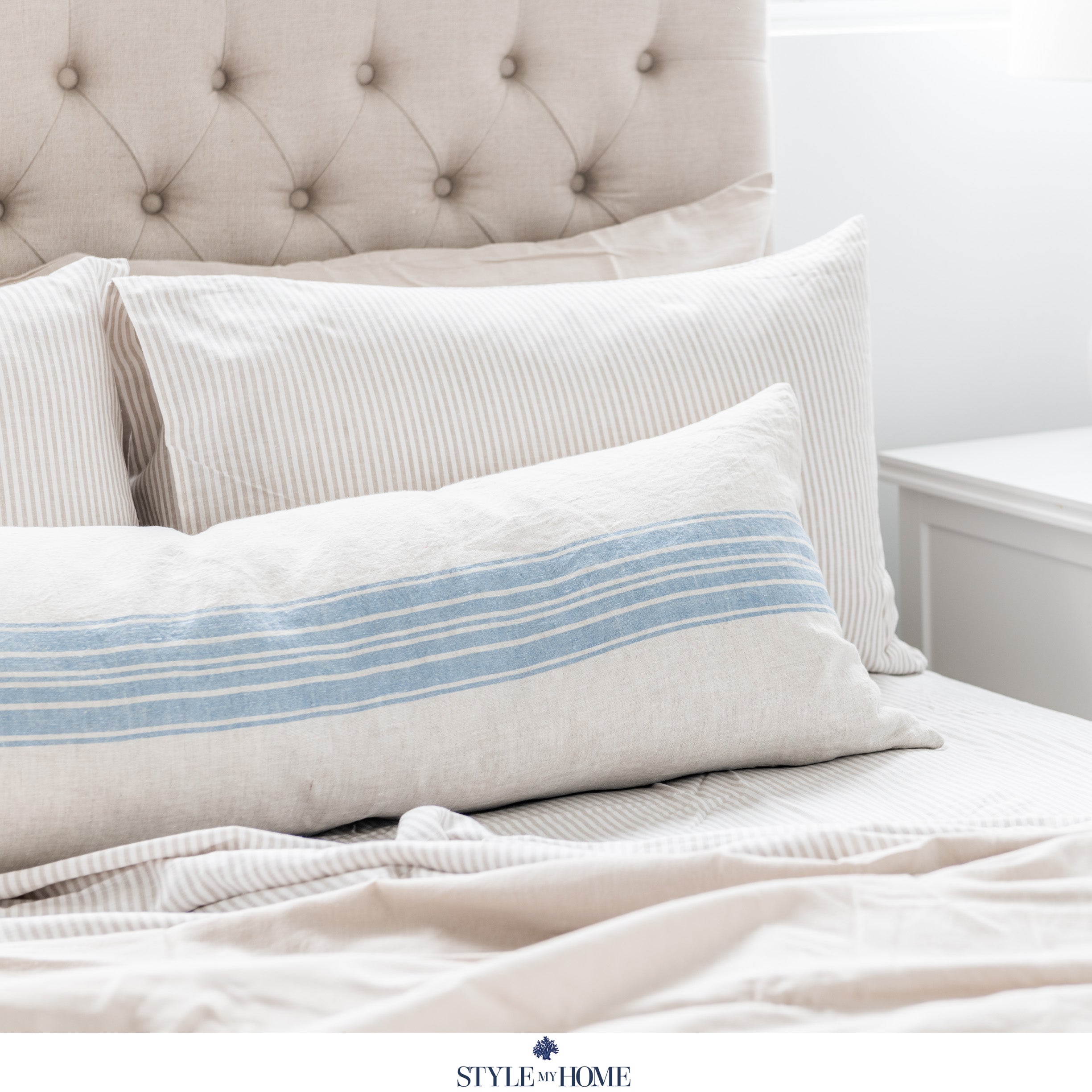 Buy Hamptons 'Threads' 100% Linen Extra Long Cushion - Light Blue