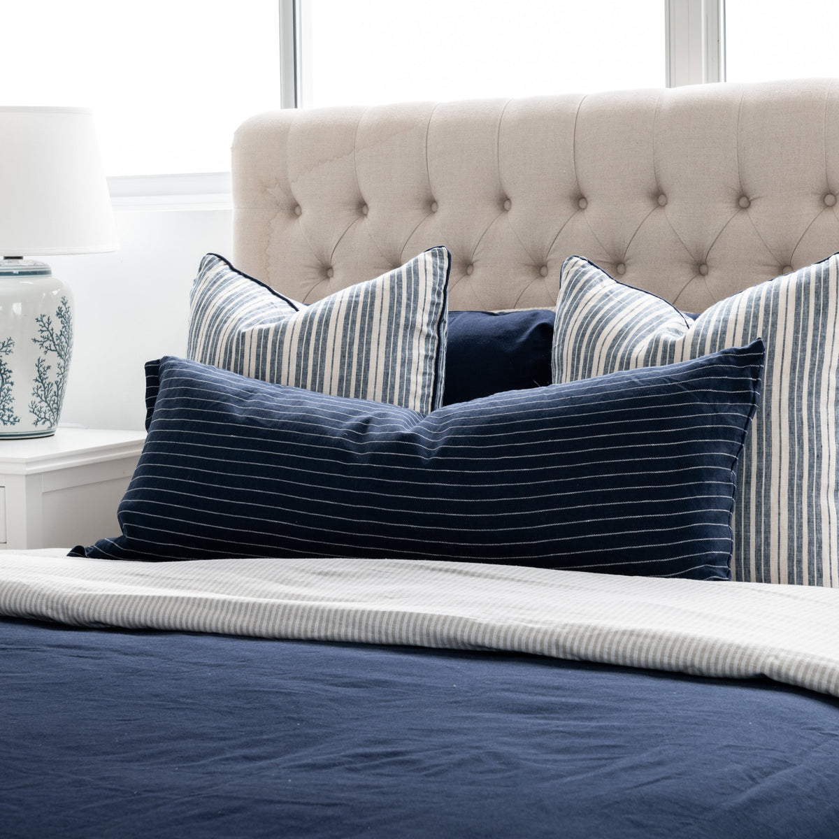Threads 100percent Linen Extra Long Cushion - Navy Stripe 100cm x 40cm Navy Blue with white stripe