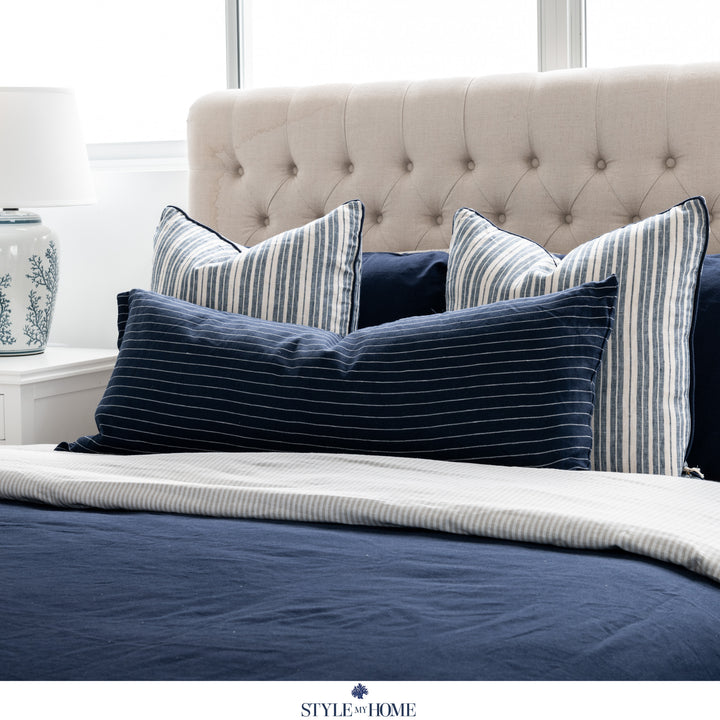 Threads 100percent Linen Lumbar Cushion - Oatmeal With Blue Stripe