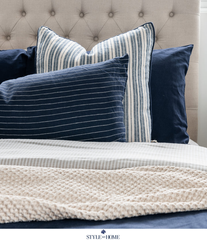 Threads 100percent Linen Lumbar Cushion - Oatmeal With Blue Stripe