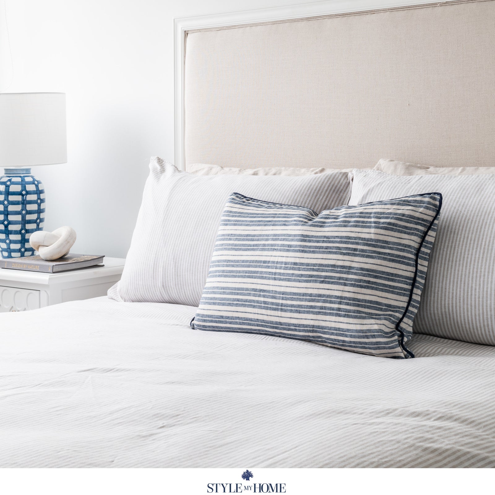 Threads 100percent Linen Lumbar Cushion - Oatmeal With Blue Stripe 40cm x 60cm