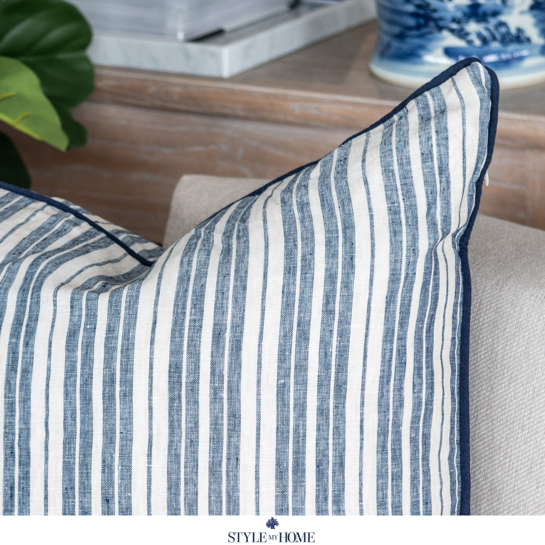 Threads 100percent Linen Lumbar Cushion - Oatmeal With Blue Stripe