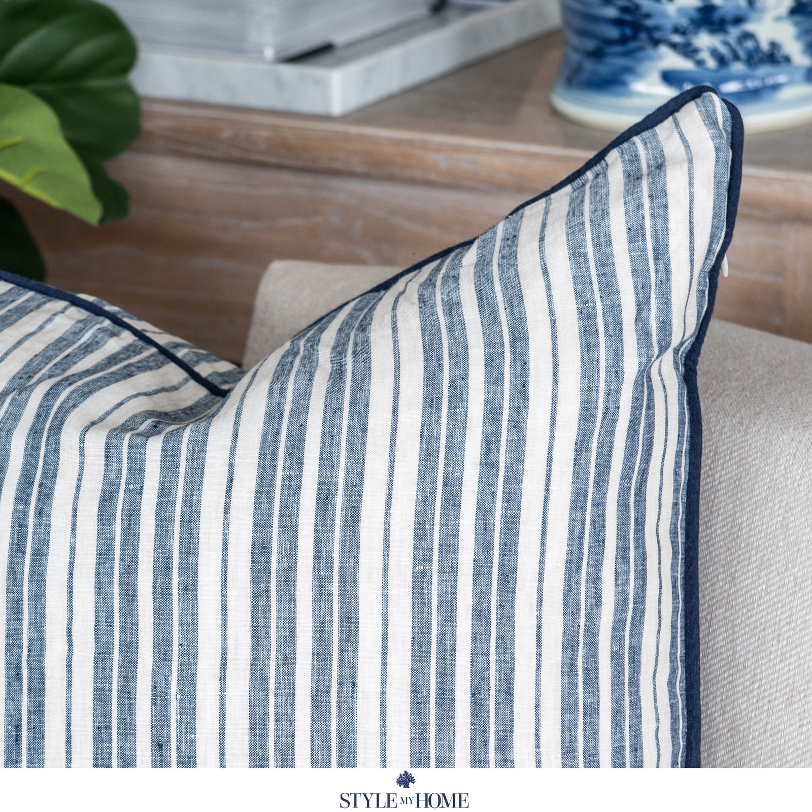 Threads 100percent Linen Lumbar Cushion - Oatmeal With Blue Stripe