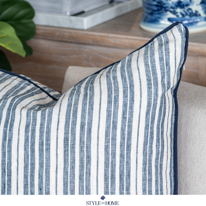 Threads 100percent Linen Lumbar Cushion - Oatmeal With Blue Stripe