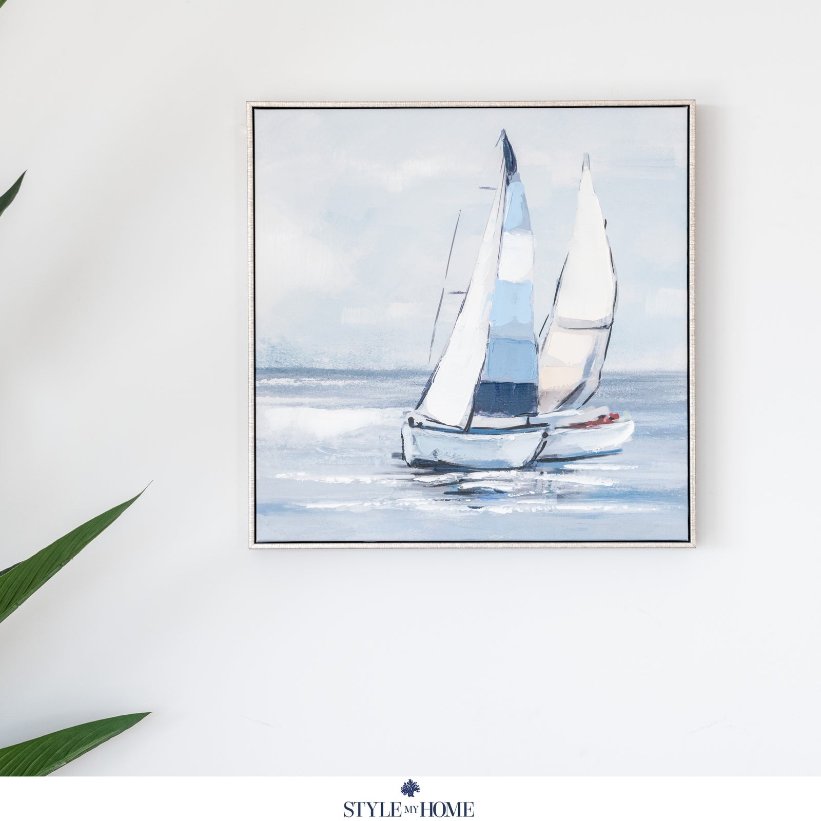 Sailing Day 2 Decorative Canvas In Antique Silver Frame 50cm W x 50cm H