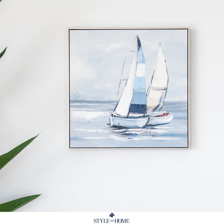 Sailing Day 2 Decorative Canvas In Antique Silver Frame 50cm W x 50cm H