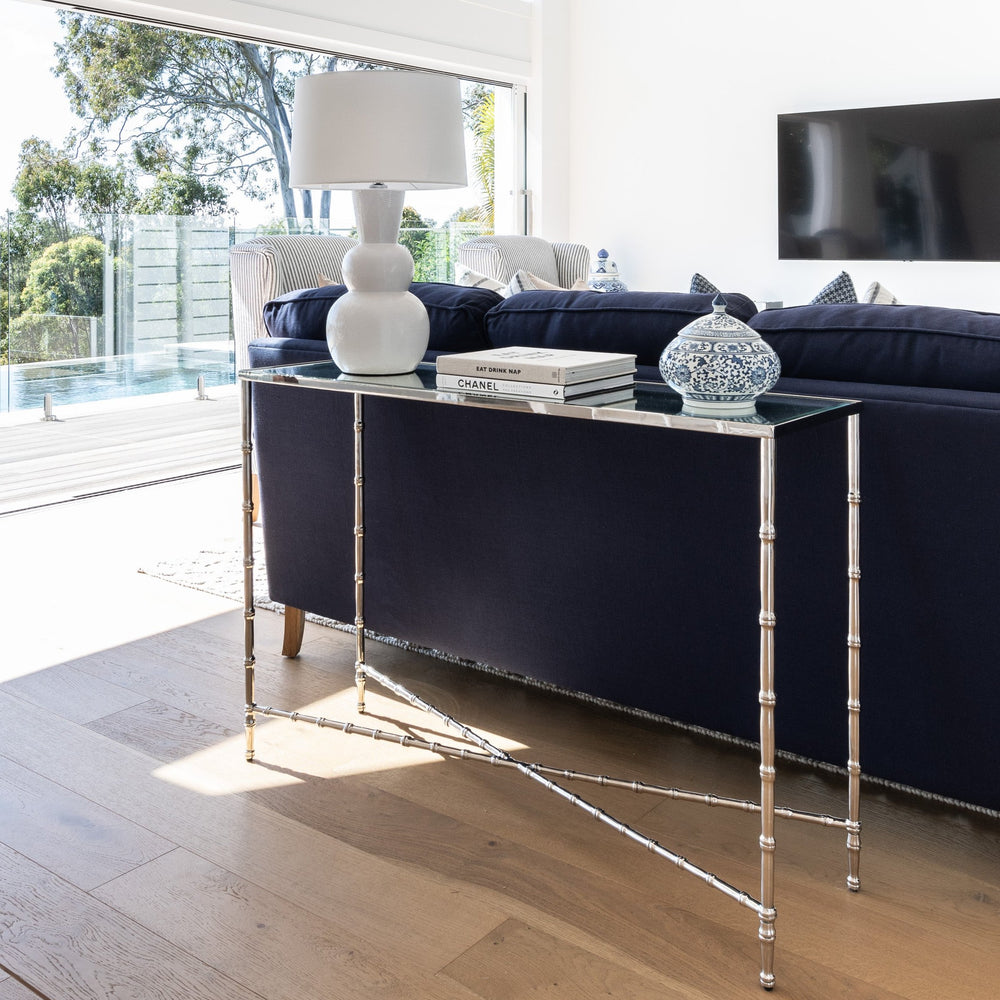 Brisbane Floorstock Bamboo Nickel Cross Bar Console Table