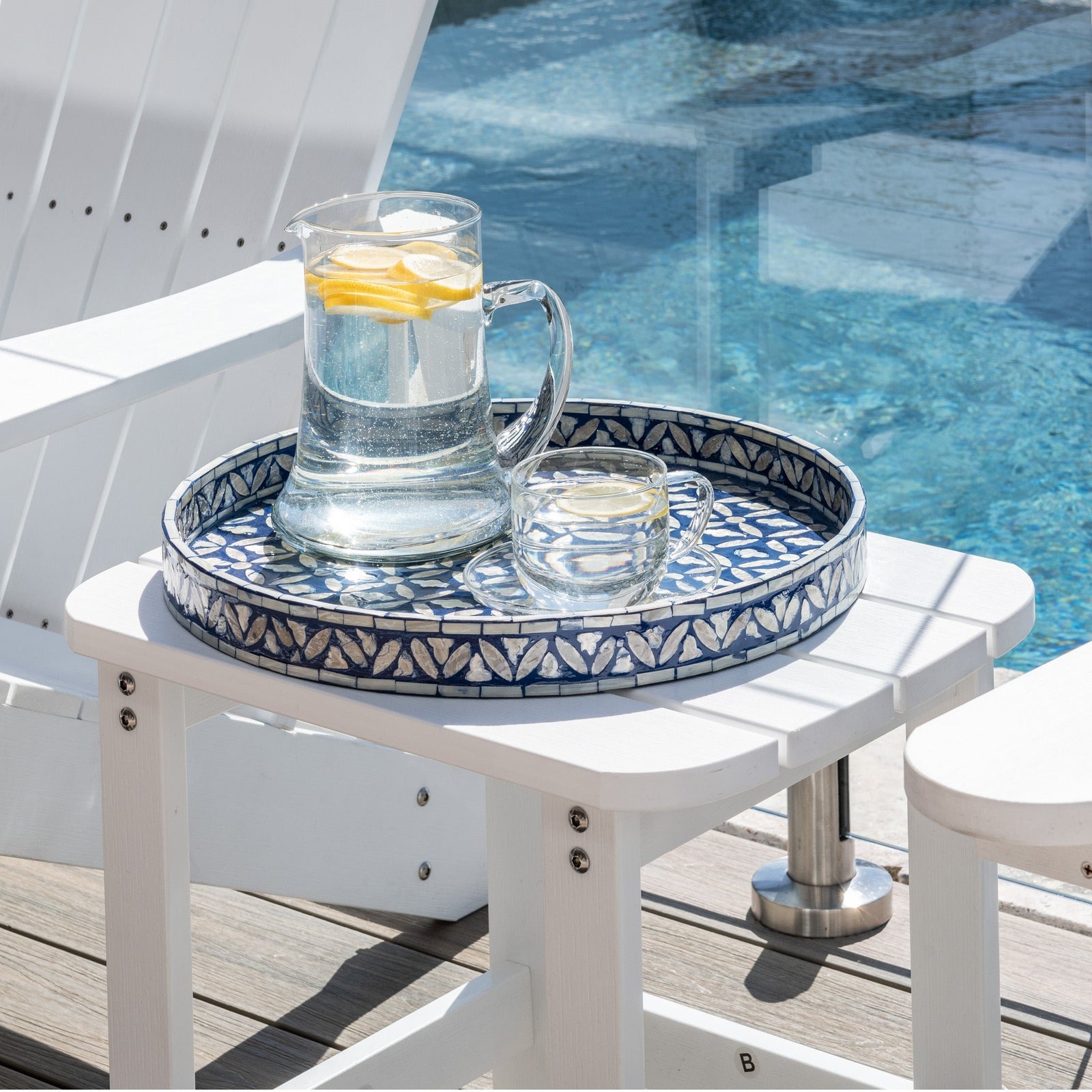 Floral Blue Round Mother Of Pearl Tray