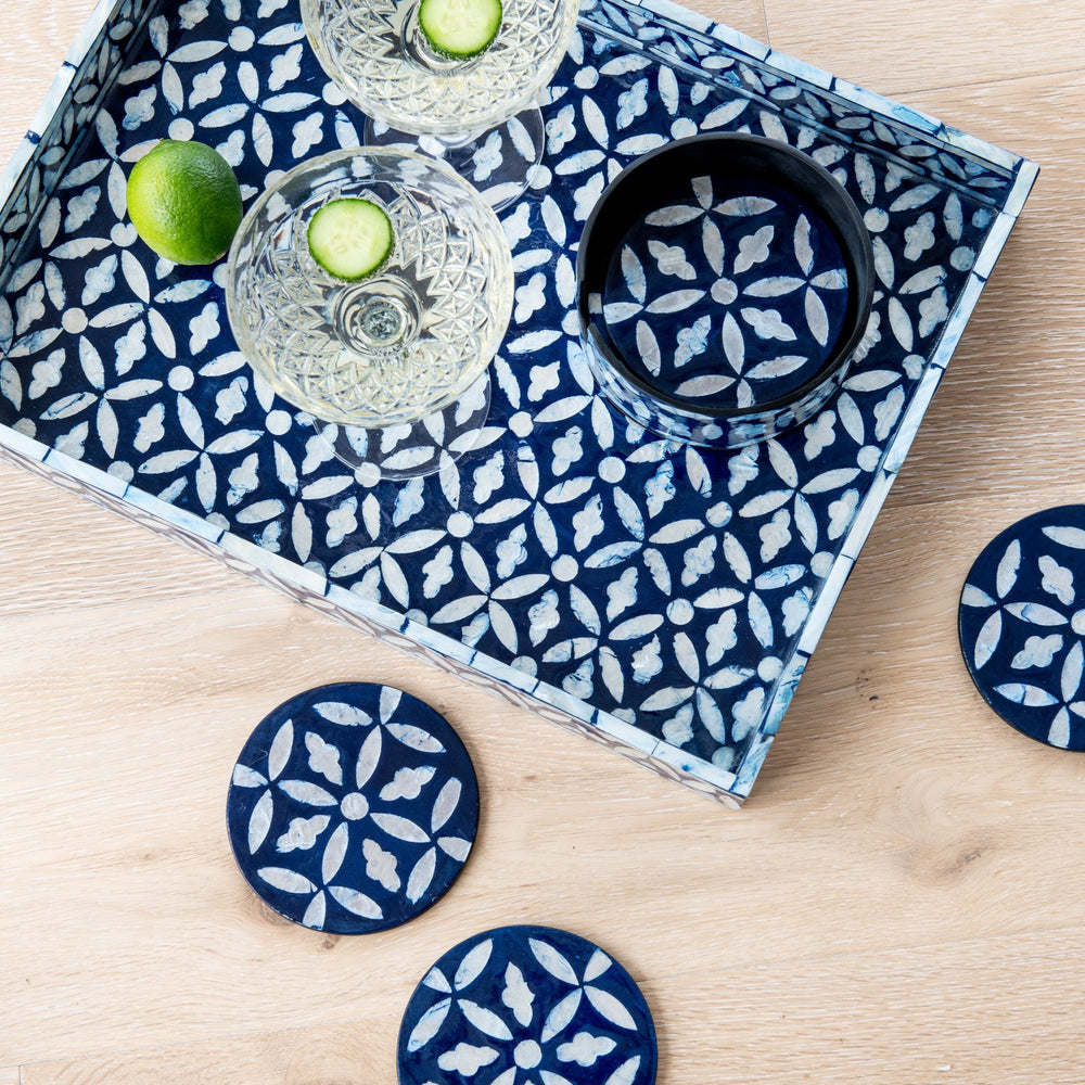 Floral Blue Rectangular Mother Of Pearl Tray