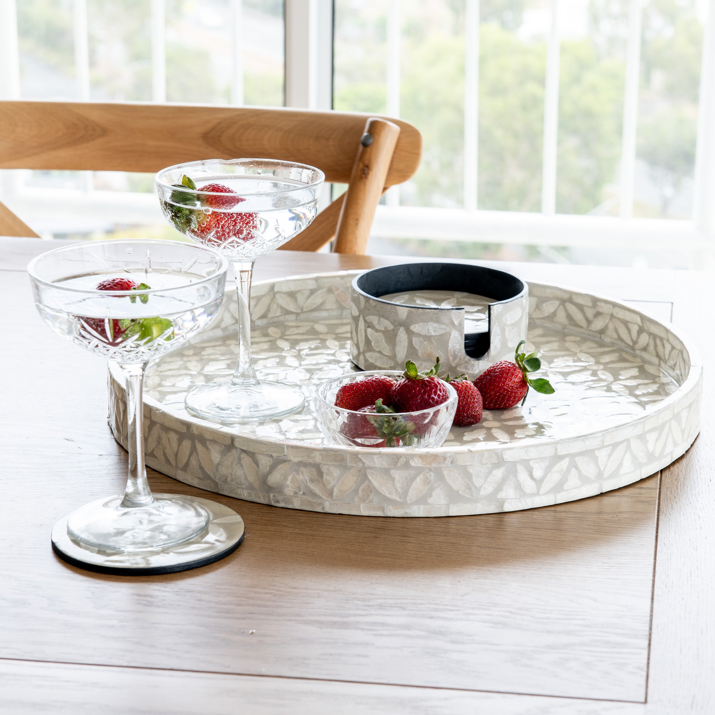 Buy Hamptons 'FLORAL' Round Mother of Pearl Tray- Grey
