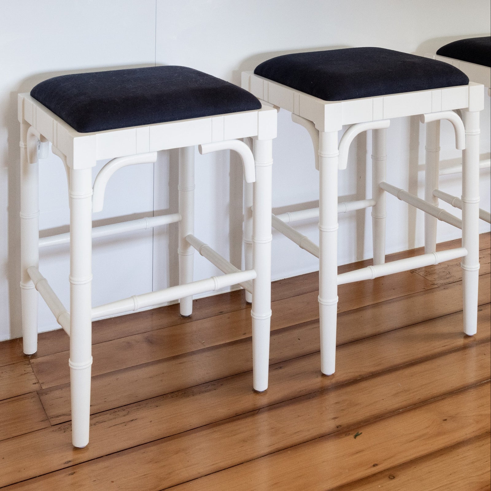 Traditional Chippendale Backless Stool With Padded Linen Seat Satin White Navy Blue