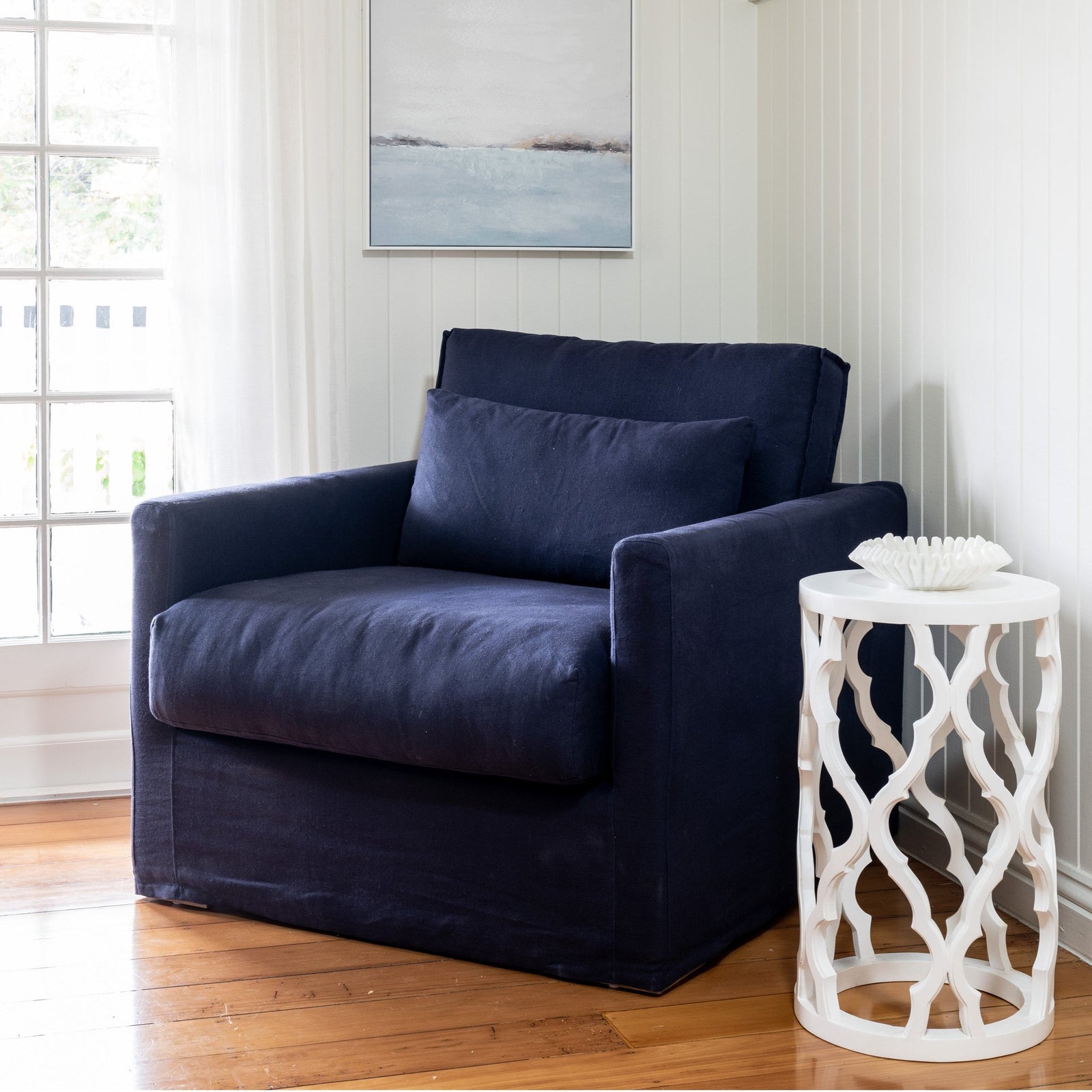 Capri Slip Cover Linen Armchair Navy 99cm wide x 96cm deep x 87cm high