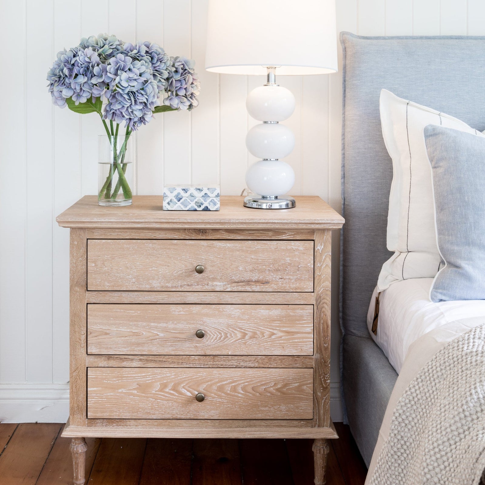 Sophia Large Bedside Table Whitewash Oak 75cm wide x 49cm deep x72cm high