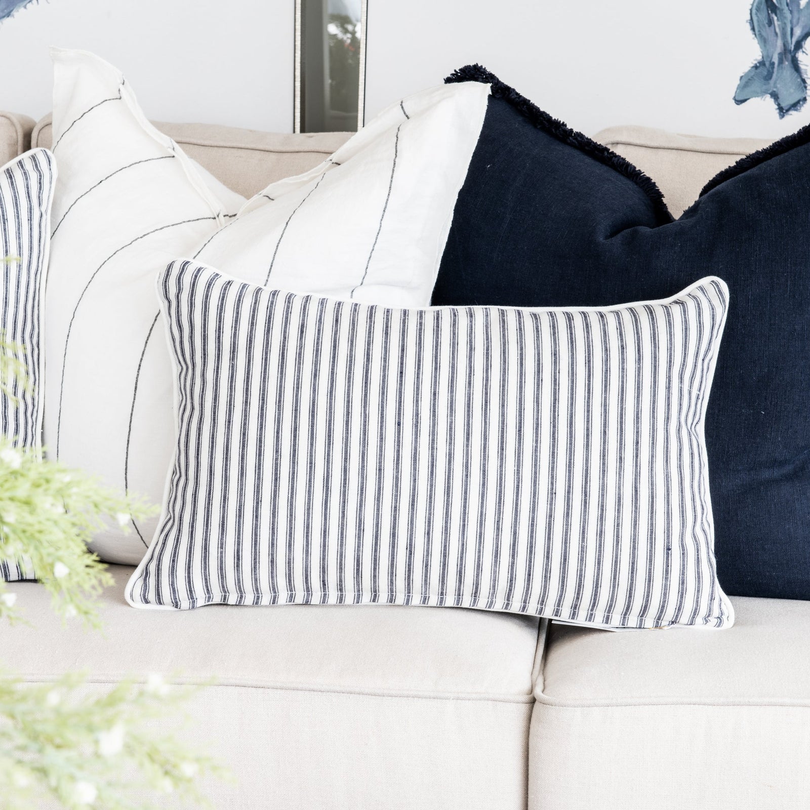 Signature Navy Blue Stripe Linen Lumbar Cushion