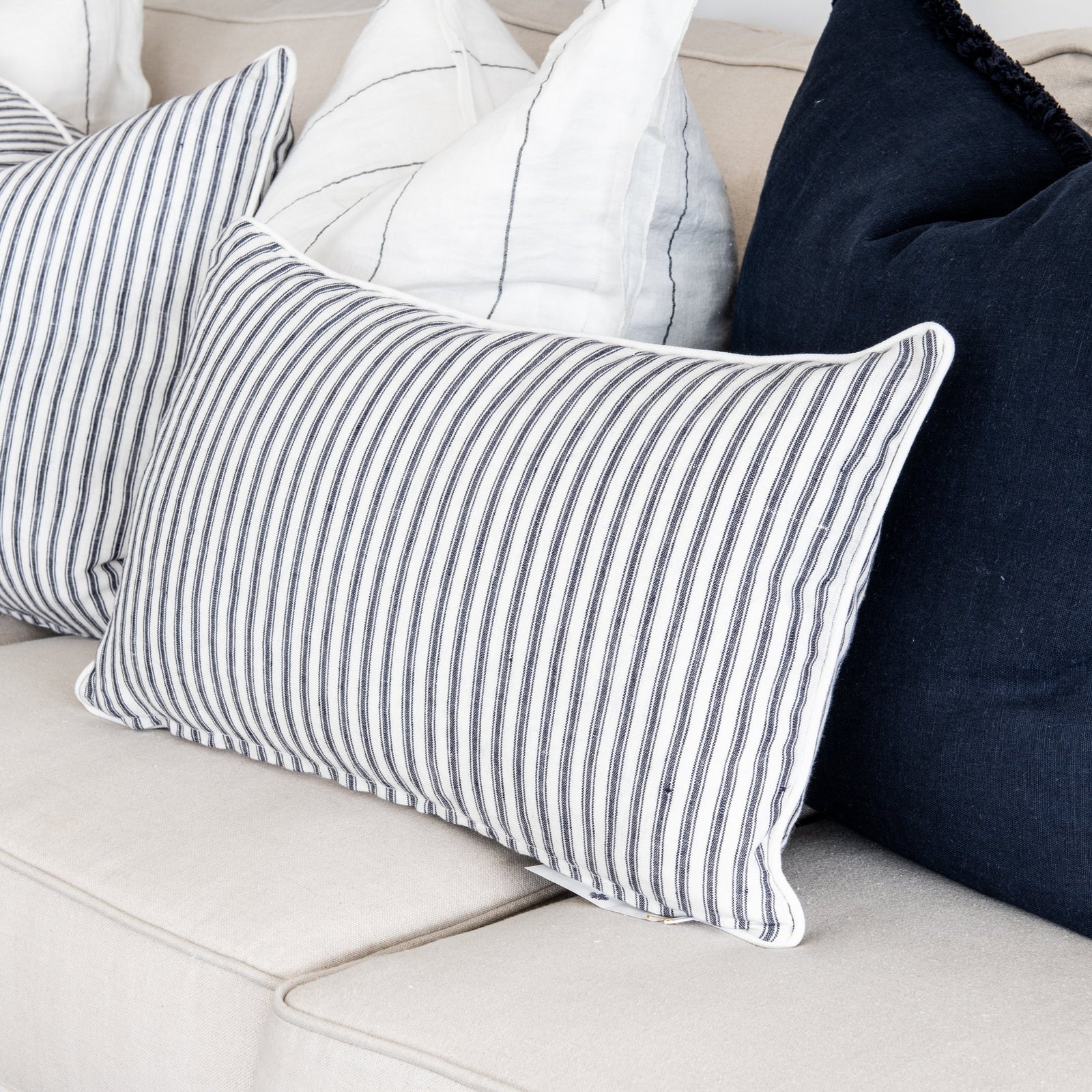 Signature Navy Blue Stripe Linen Lumbar Cushion