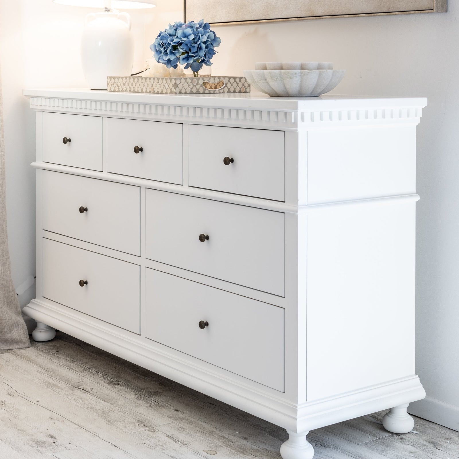 Regency Seven Drawer Chest Of Drawers Satin White 152cm widex 47cm deep x 92cm high