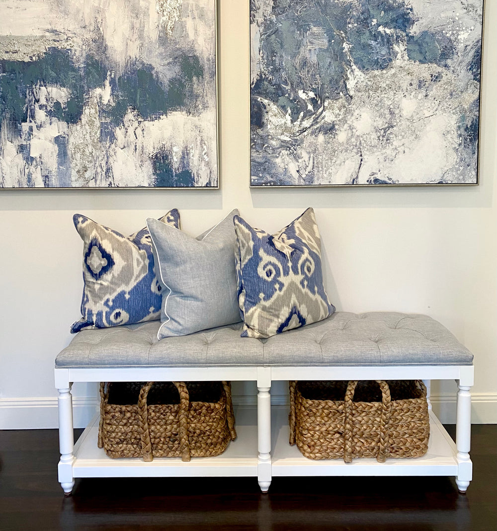 Antoinette Linen Upholstered Oak Bench Seat Satin White Duck Egg Blue 150cm wide x 50cm deep x 53cm high