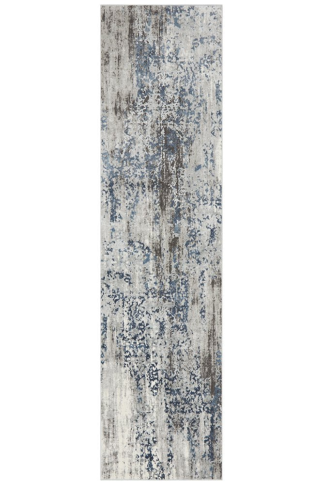 Casper Distressed Modern Blue Grey White Runner 300CMx80CM Blue