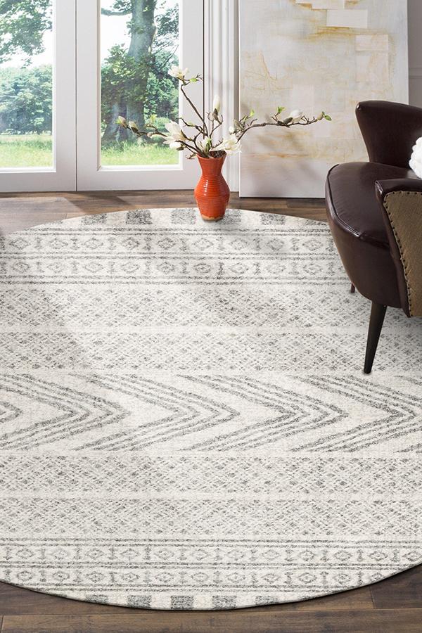 Buy Hamptons Adani Modern Tribal Design Grey Round Rug