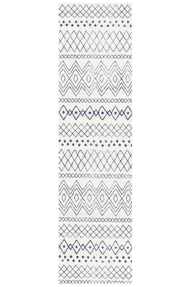 Oasis Nadia White Blue Rustic Tribal Runner