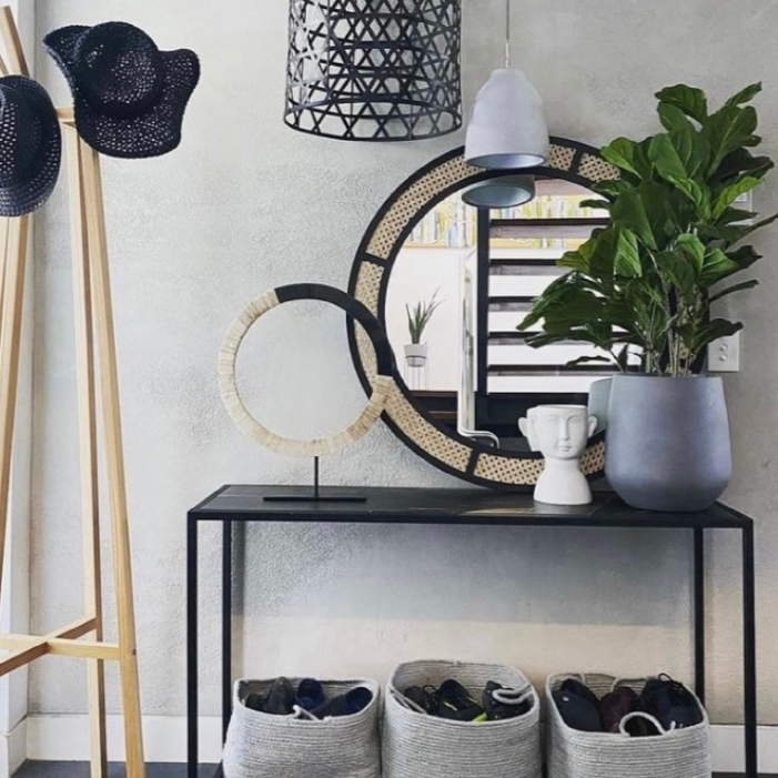 Bris Floor Ballina Black Iron And Rattan Round Mirror