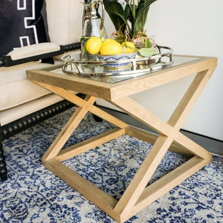 Joshua Oak And Glass Cross Leg Side Table